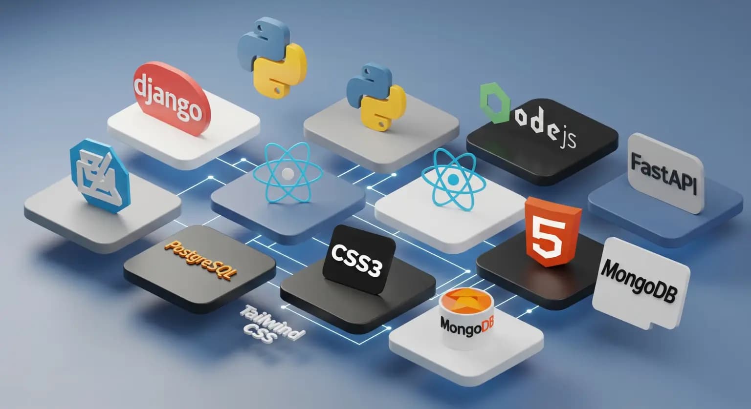 Modern tech stack visualization showing web development technologies
